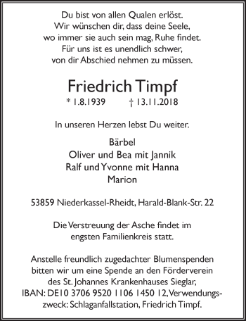 Anzeige von Friedrich Timpf von  Extra Blatt 