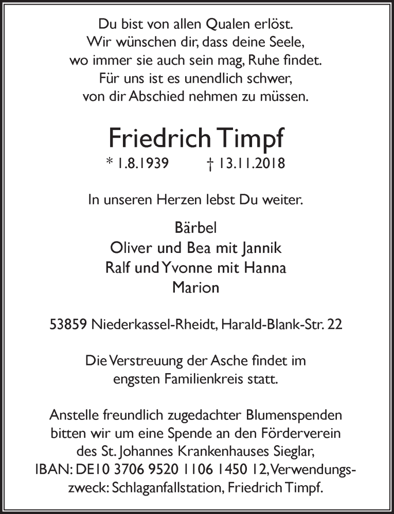  Traueranzeige für Friedrich Timpf vom 21.11.2018 aus  Extra Blatt 