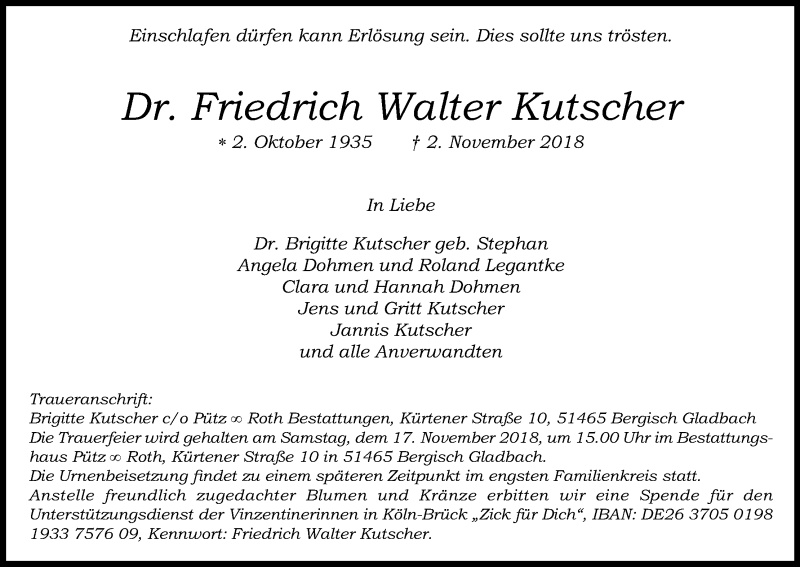  Traueranzeige für Friedrich Walter Kutscher vom 10.11.2018 aus Kölner Stadt-Anzeiger / Kölnische Rundschau / Express