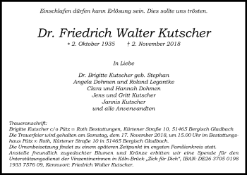 Anzeige von Friedrich Walter Kutscher von Kölner Stadt-Anzeiger / Kölnische Rundschau / Express