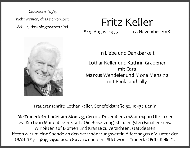 Traueranzeige für Fritz Keller vom 01.12.2018 aus Kölner Stadt-Anzeiger / Kölnische Rundschau / Express