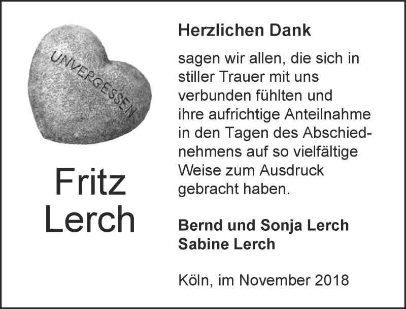  Traueranzeige für Fritz Lerch vom 07.11.2018 aus  Kölner Wochenspiegel 