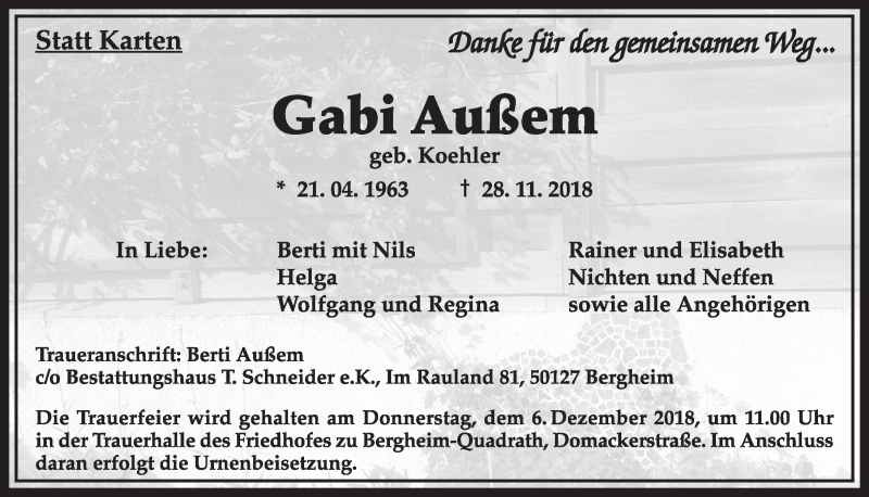  Traueranzeige für Gabi Außem vom 01.12.2018 aus  Sonntags-Post 
