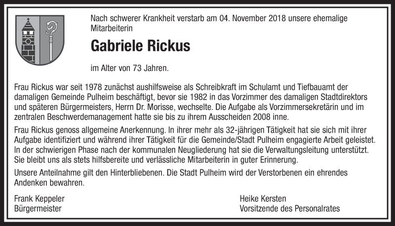  Traueranzeige für Gabriele Rickus vom 17.11.2018 aus  Sonntags-Post 