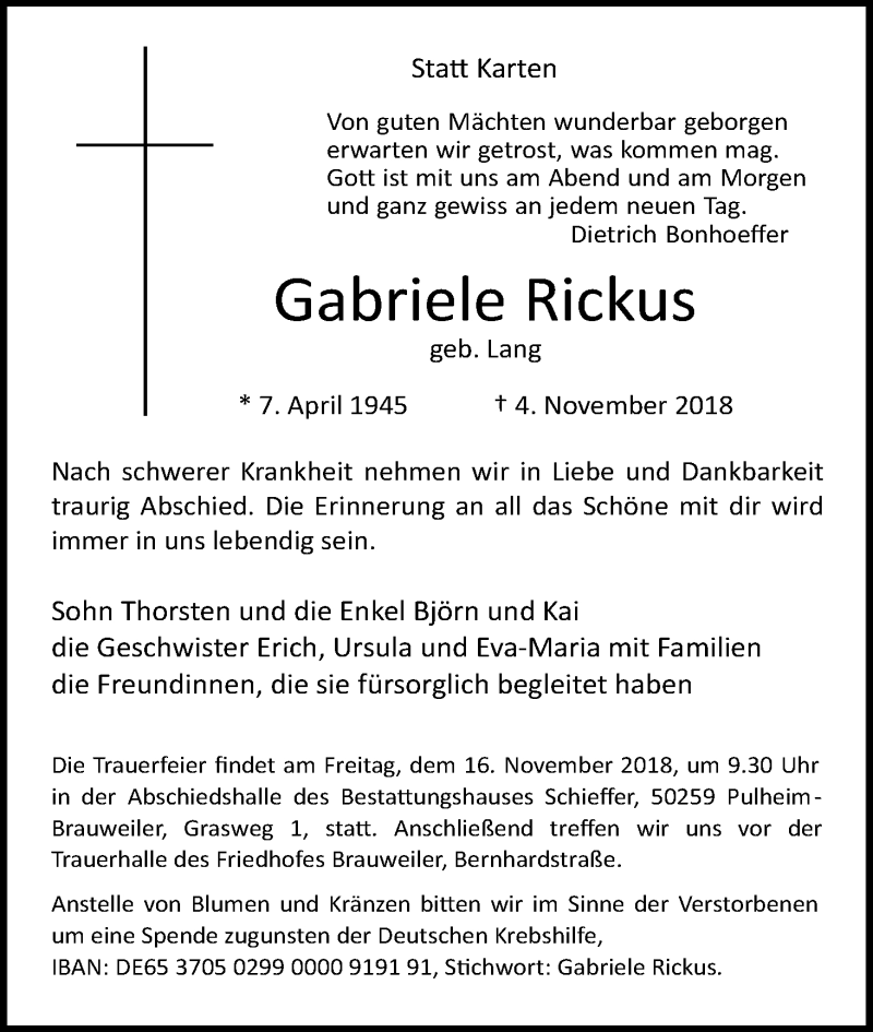  Traueranzeige für Gabriele Rickus vom 10.11.2018 aus Kölner Stadt-Anzeiger / Kölnische Rundschau / Express
