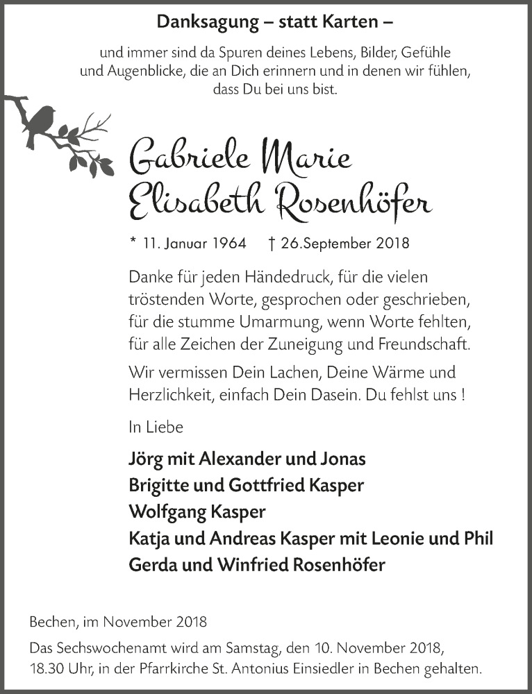  Traueranzeige für Gabriele Marie Elisabeth Rosenhöfer vom 07.11.2018 aus  Bergisches Handelsblatt 