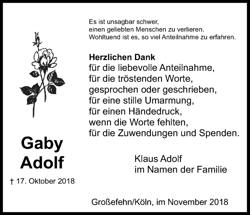  Traueranzeige für Gaby Adolf vom 17.11.2018 aus Kölner Stadt-Anzeiger / Kölnische Rundschau / Express