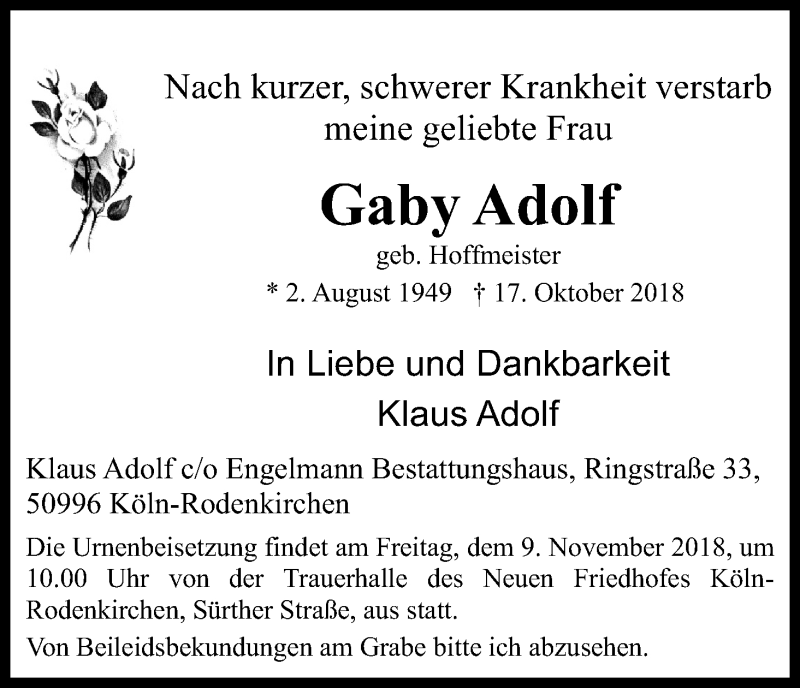  Traueranzeige für Gaby Adolf vom 03.11.2018 aus Kölner Stadt-Anzeiger / Kölnische Rundschau / Express