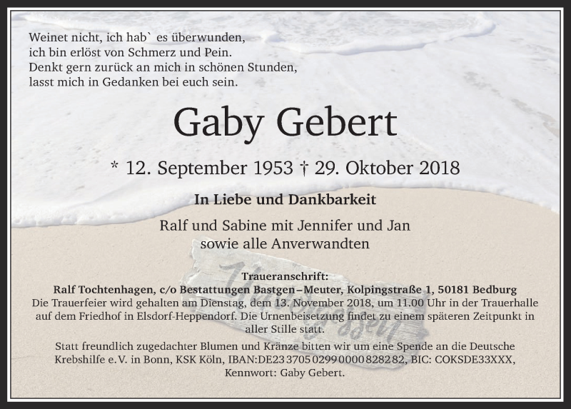  Traueranzeige für Gaby Gebert vom 07.11.2018 aus  Werbepost 
