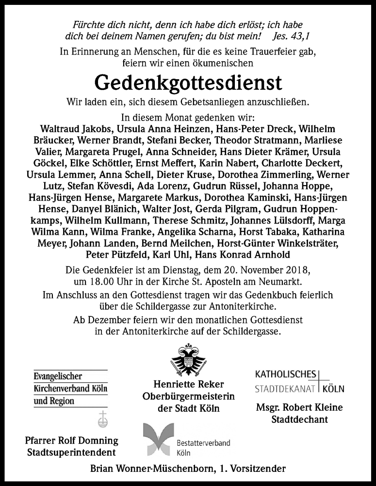  Traueranzeige für Gedenkgottesdienst  vom 17.11.2018 aus Kölner Stadt-Anzeiger / Kölnische Rundschau / Express