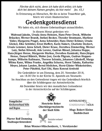 Anzeige von Gedenkgottesdienst  von Kölner Stadt-Anzeiger / Kölnische Rundschau / Express