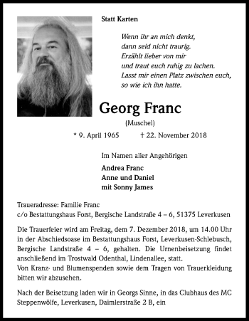 Anzeige von Georg Franc von Kölner Stadt-Anzeiger / Kölnische Rundschau / Express