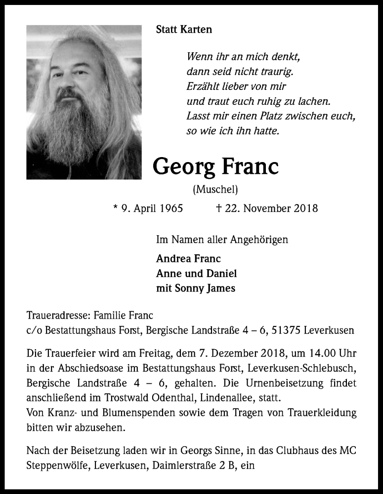  Traueranzeige für Georg Franc vom 01.12.2018 aus Kölner Stadt-Anzeiger / Kölnische Rundschau / Express