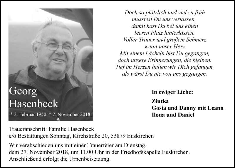 Traueranzeige für Georg Hasenbeck vom 17.11.2018 aus  Blickpunkt Euskirchen 