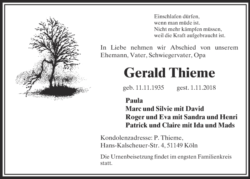  Traueranzeige für Gerald Thieme vom 07.11.2018 aus  Kölner Wochenspiegel 