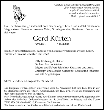 Anzeige von Gerd Kürten von Kölner Stadt-Anzeiger / Kölnische Rundschau / Express