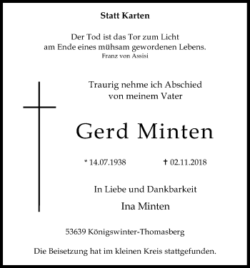 Anzeige von Gerd Minten von Kölner Stadt-Anzeiger / Kölnische Rundschau / Express