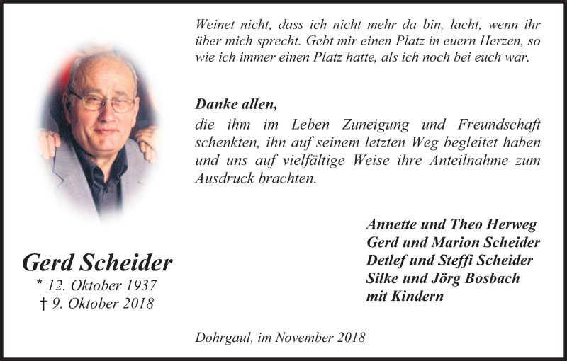  Traueranzeige für Gerd Scheider vom 17.11.2018 aus Kölner Stadt-Anzeiger / Kölnische Rundschau / Express