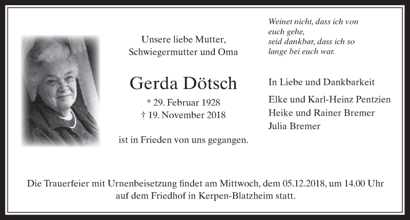  Traueranzeige für Gerda Dötsch vom 28.11.2018 aus  Werbepost 