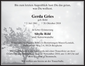 Anzeige von Gerda Gries von  Wochenende 