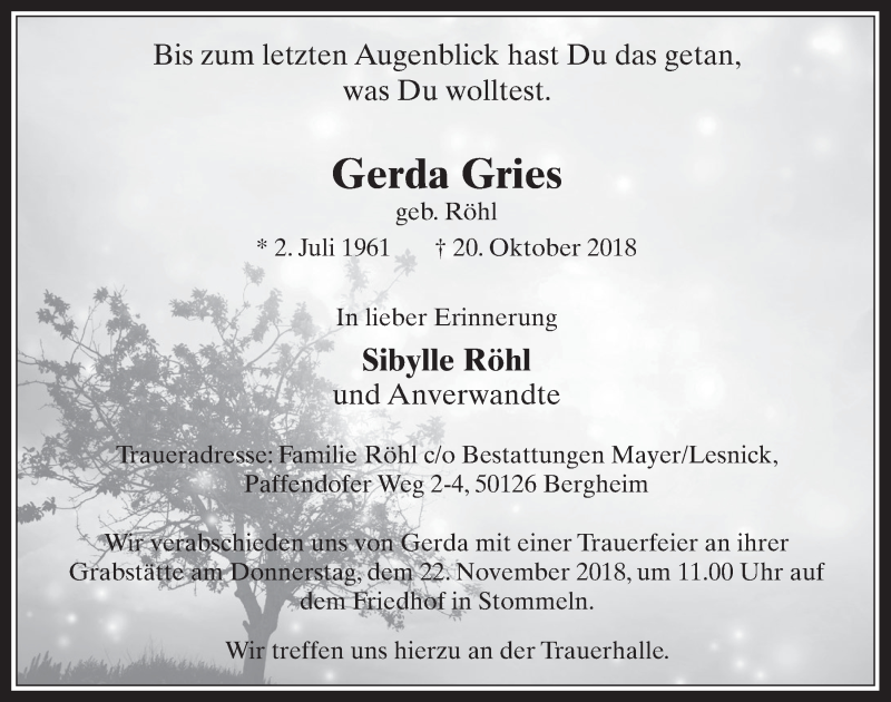  Traueranzeige für Gerda Gries vom 21.11.2018 aus  Wochenende 