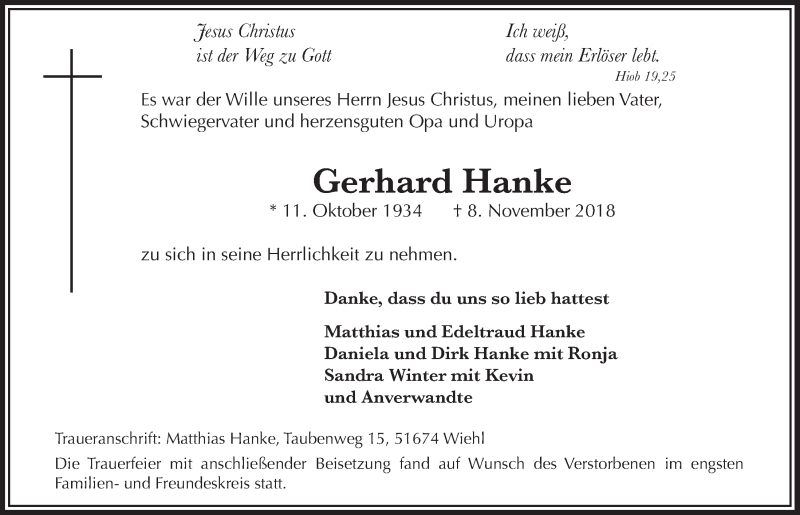  Traueranzeige für Gerhard Hanke vom 21.11.2018 aus  Anzeigen Echo 