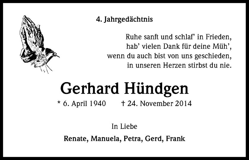  Traueranzeige für Gerhard Hündgen vom 24.11.2018 aus Kölner Stadt-Anzeiger / Kölnische Rundschau / Express