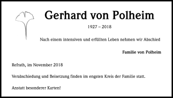 Anzeige von Gerhard von Polheim von Kölner Stadt-Anzeiger / Kölnische Rundschau / Express