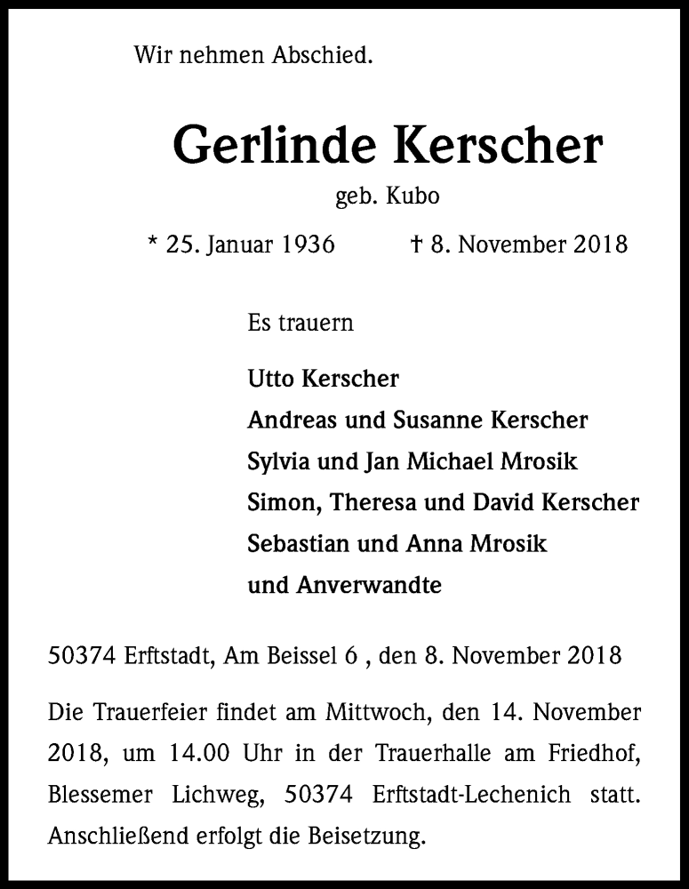  Traueranzeige für Gerlinde Kerscher vom 13.11.2018 aus Kölner Stadt-Anzeiger / Kölnische Rundschau / Express