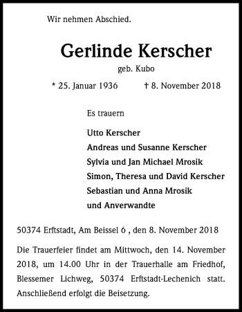 Anzeige von Gerlinde Kerscher von Kölner Stadt-Anzeiger / Kölnische Rundschau / Express