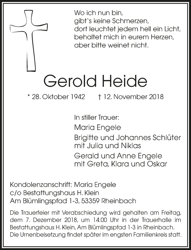  Traueranzeige für Gerold Heide vom 21.11.2018 aus  Schaufenster/Blickpunkt 
