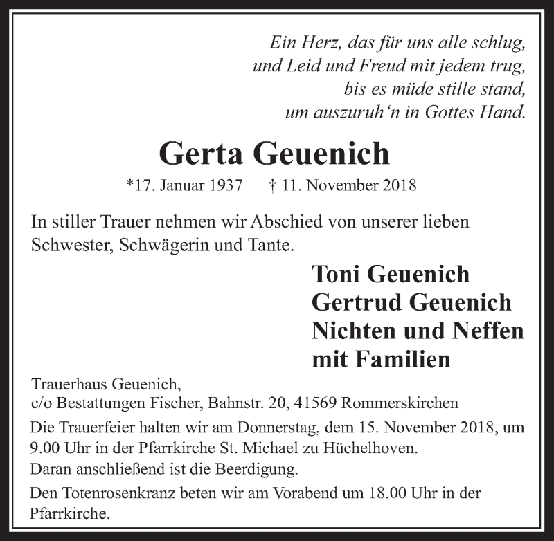  Traueranzeige für Gerta Geuenich vom 14.11.2018 aus  Werbepost 