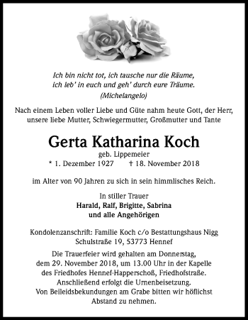 Anzeige von Gerta Katharina Koch von Kölner Stadt-Anzeiger / Kölnische Rundschau / Express