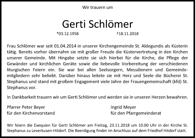  Traueranzeige für Gerti Schlömer vom 21.11.2018 aus Kölner Stadt-Anzeiger / Kölnische Rundschau / Express