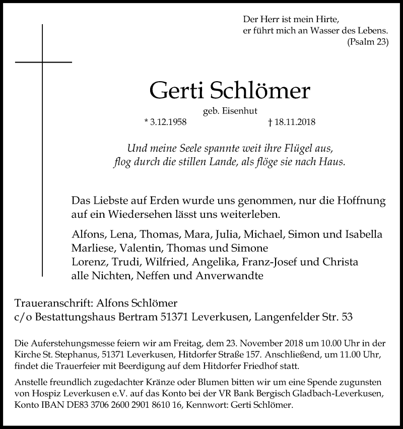  Traueranzeige für Gerti Schlömer vom 21.11.2018 aus Kölner Stadt-Anzeiger / Kölnische Rundschau / Express