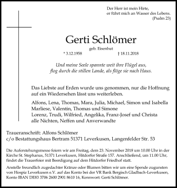 Anzeige von Gerti Schlömer von Kölner Stadt-Anzeiger / Kölnische Rundschau / Express