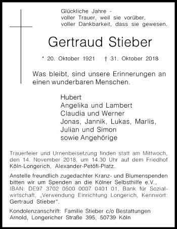 Anzeige von Gertraud Stieber von Kölner Stadt-Anzeiger / Kölnische Rundschau / Express