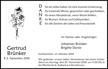 Anzeige von Gertrud Brünker von Kölner Stadt-Anzeiger / Kölnische Rundschau / Express