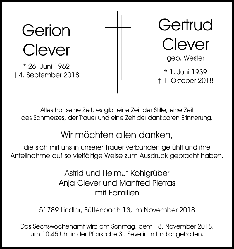  Traueranzeige für Gertrud Clever vom 10.11.2018 aus Kölner Stadt-Anzeiger / Kölnische Rundschau / Express