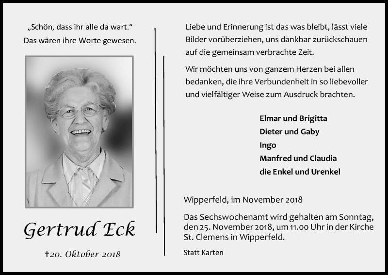  Traueranzeige für Gertrud Eck vom 17.11.2018 aus Kölner Stadt-Anzeiger / Kölnische Rundschau / Express