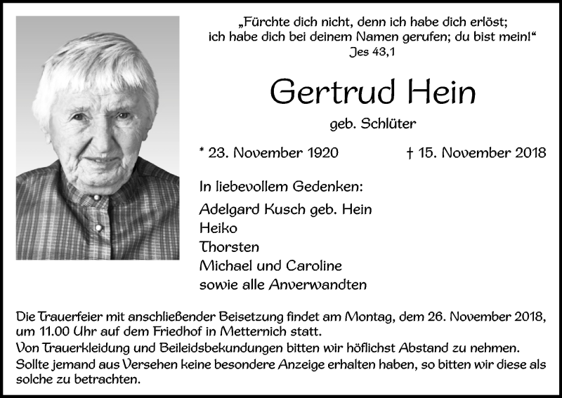  Traueranzeige für Gertrud Hein vom 24.11.2018 aus Kölner Stadt-Anzeiger / Kölnische Rundschau / Express