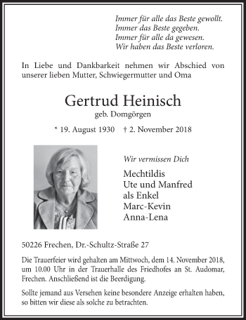 Anzeige von Gertrud Heinisch von  Sonntags-Post 