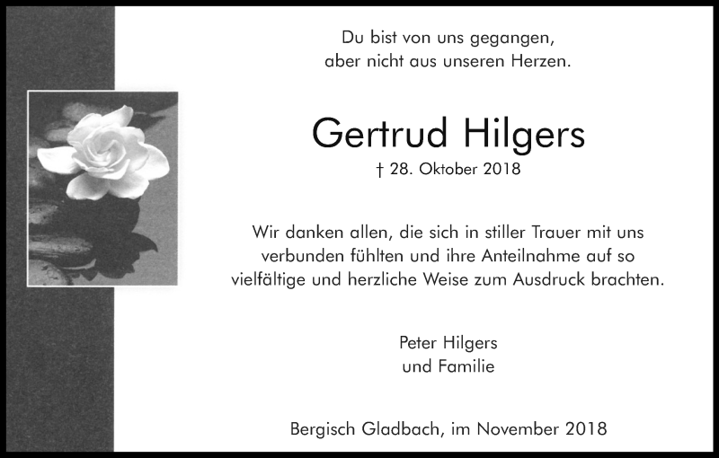  Traueranzeige für Gertrud Hilgers vom 01.12.2018 aus Kölner Stadt-Anzeiger / Kölnische Rundschau / Express