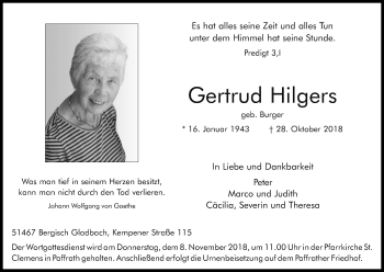 Anzeige von Gertrud Hilgers von Kölner Stadt-Anzeiger / Kölnische Rundschau / Express