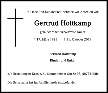 Anzeige von Gertrud Holtkamp von Kölner Stadt-Anzeiger / Kölnische Rundschau / Express