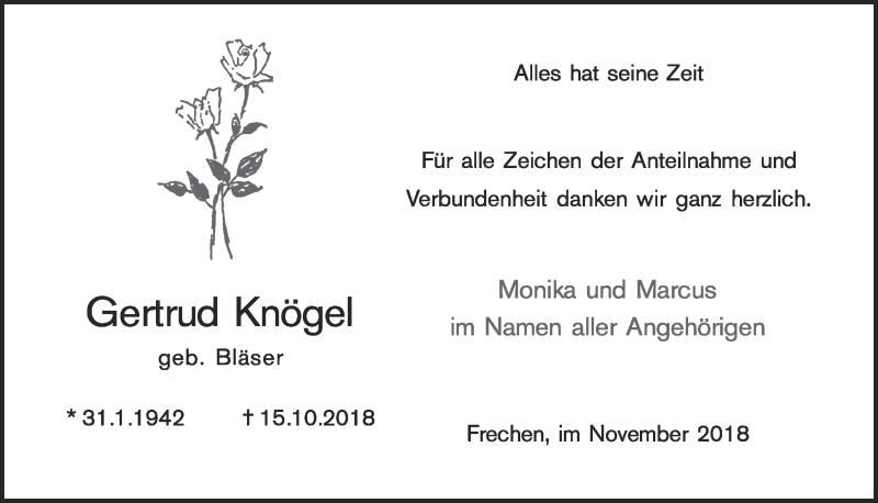  Traueranzeige für Gertrud Knögel vom 28.11.2018 aus  Schlossbote/Werbekurier 