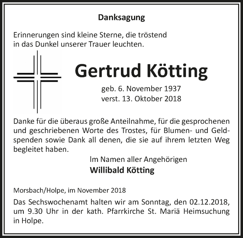  Traueranzeige für Gertrud Kötting vom 28.11.2018 aus  Lokalanzeiger 