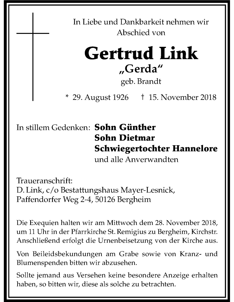  Traueranzeige für Gertrud Link vom 24.11.2018 aus Kölner Stadt-Anzeiger / Kölnische Rundschau / Express