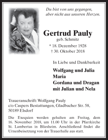 Anzeige von Gertrud Pauly von  Werbepost 
