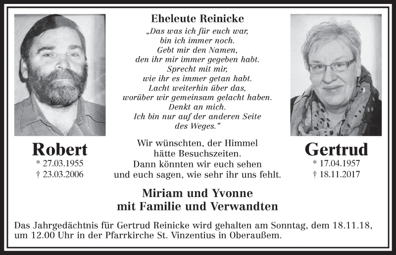  Traueranzeige für Gertrud Reinicke vom 17.11.2018 aus  Sonntags-Post 